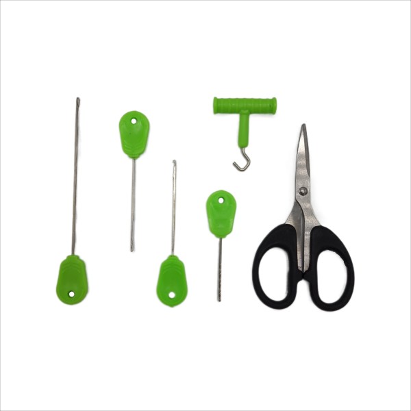 Set de 6 piese pentru pescuit, Regal Fish, crosete, burghiu, foarfeca, knot puller, culoare verde